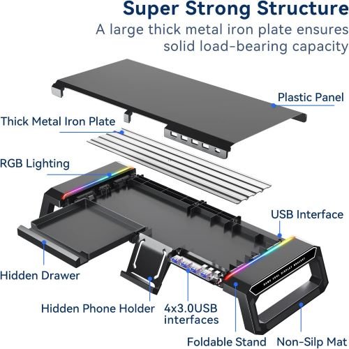 Soporte de monitor sobre escritorio Tipo Hexcal. Con luces y 4 puertos USB